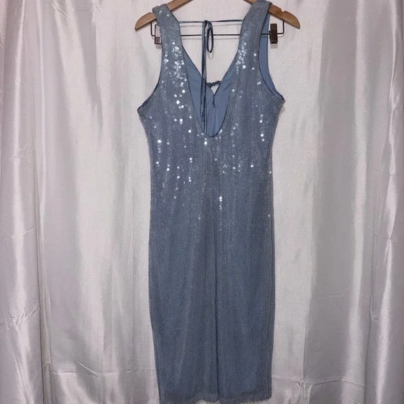 Crystal Doll Light Blue Sequin Mesh V-Neck Tie Back Cocktail Dress XL NWOT - Picture 6 of 9